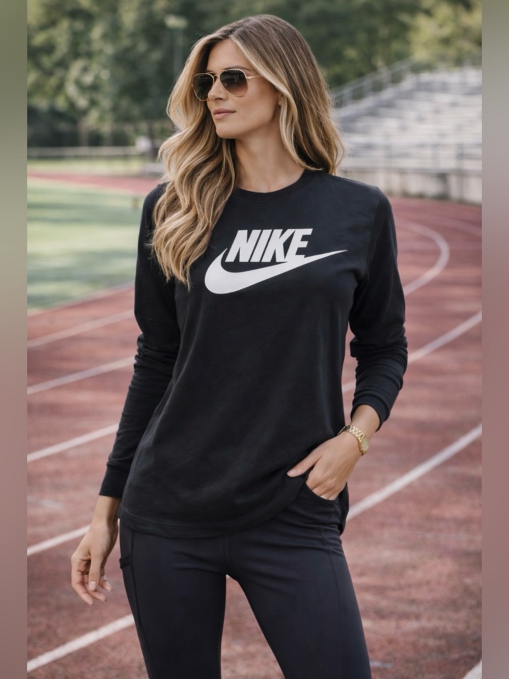 NIKE BLACK LONG SLEEVE LOGO TEE SHIRT WHITE SWOOSH ATHLEISURE SIZE SMALL NWT